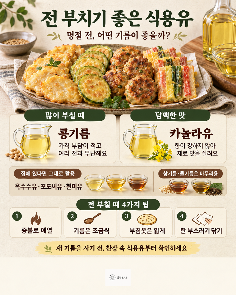 콩기름 카놀라유 옥수수유 포도씨유 현미유 전 부치기 좋은 식용유 비교