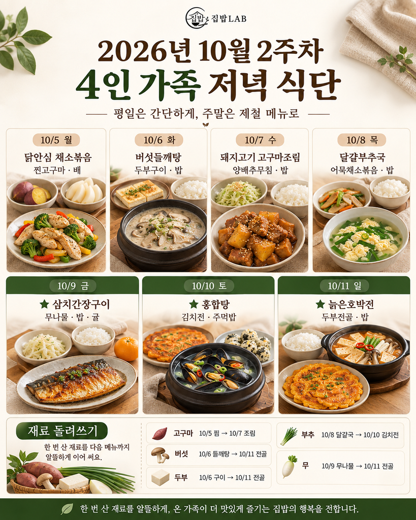 10월 2주차 4인 가족 저녁 식단과 삼치 홍합 늙은호박 활용 메뉴