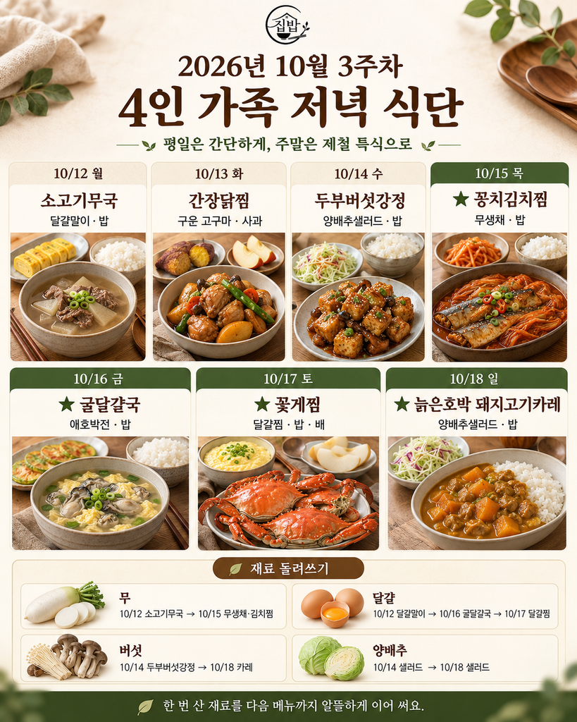 10월 3주차 4인 가족 저녁 식단과 꽁치 굴 꽃게 늙은호박 활용 메뉴