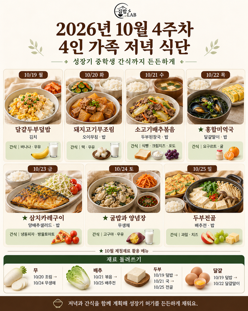 2026년 10월 4주차 4인 가족 저녁 식단과 성장기 중학생 추천 간식