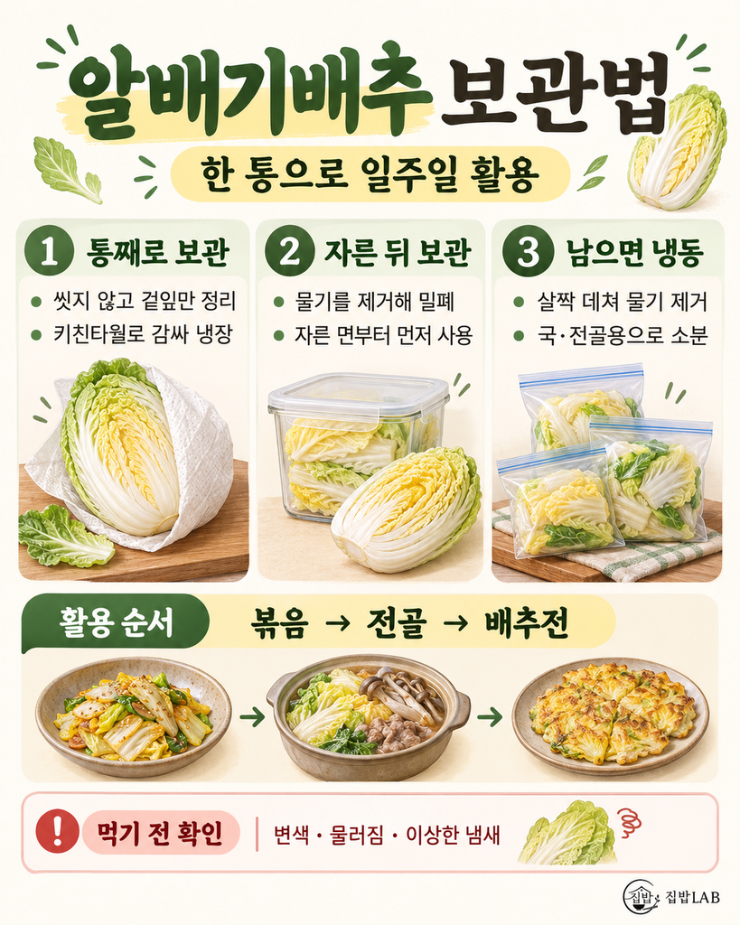 알배기배추 보관법. 알배기배추 한 통을 냉장 보관하고 남은 배추를 데쳐 냉동하는 방법